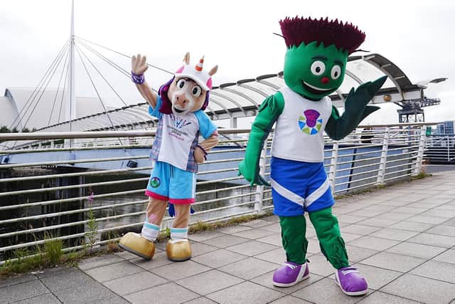 Mascots Clyde (right) and Finnie (left) on Bell's Bridge in Glasgow for the official launch of the Scotland leg of the King's Baton Relay, ahead of the 2026 Commonwealth Games.