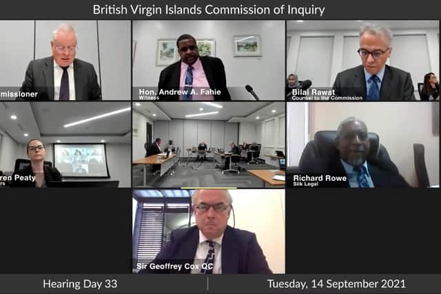 Video grab taken from the YouTube channel of BVI Commission of Inquiry of Conservative MP Sir Geoffrey Cox attending the British Virgin Islands Commission of Inquiry, where he was representing BVI Government ministers, remotely on September 14.