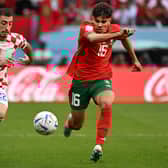 Croatia defender Josip Juranovic, of Celtic, is tracked by Morocco's Abde Ezzalzouli during the World Cup Group F clash at the Al-Bayt Stadium, Qatar. (Photo by OZAN KOSE/AFP via Getty Images)
