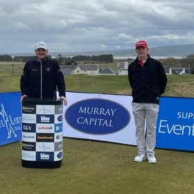 Tartan Pro Tour founder Paul Lawrie is flanked by Connor Wilson, left, and Gregor Graham before their round in the Royal Dornoch Masters. Picture: Tartan Pro Tour