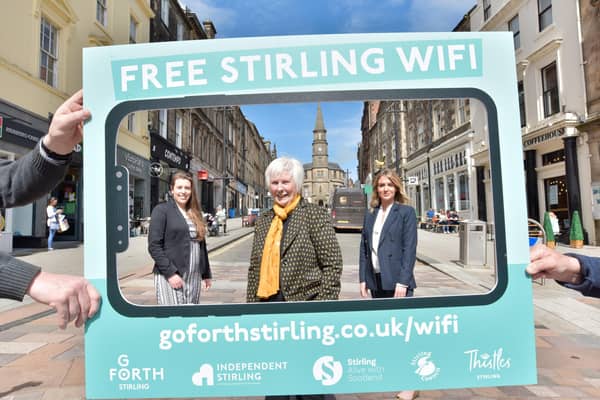 Stirling wi-fi Launch - from left to right are Jitka Fleglova of Stirling BID, Cllr Margaret Brisley of Stirling Council and Danielle McRorie-Smith of Stirling BID. Picture: Julie Howden