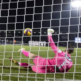 St Mirren's Trevor Carson saves a penalty from Dundee's Kwame Thomas during the Scottish Cup shoot-out win. (Photo by Alan Harvey / SNS Group)