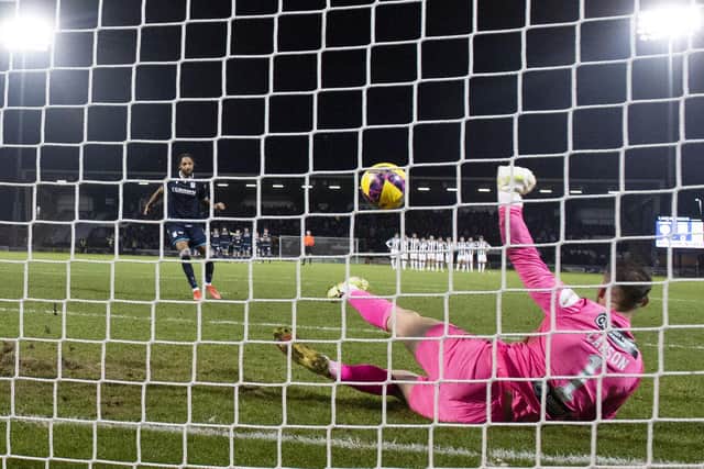 St Mirren's Trevor Carson saves a penalty from Dundee's Kwame Thomas during the Scottish Cup shoot-out win. (Photo by Alan Harvey / SNS Group)