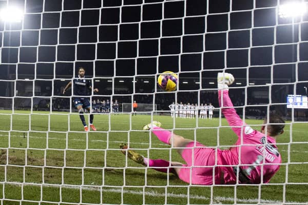 St Mirren's Trevor Carson saves a penalty from Dundee's Kwame Thomas during the Scottish Cup shoot-out win. (Photo by Alan Harvey / SNS Group)