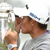 Collin Morikawa joined Jack Nicklaus, Tiger Woods and Rory McIlroy in getting his hands on the Wanamaker Trophy at the age of 23 as a winner of the US PGA Championship. Picture: Getty Images