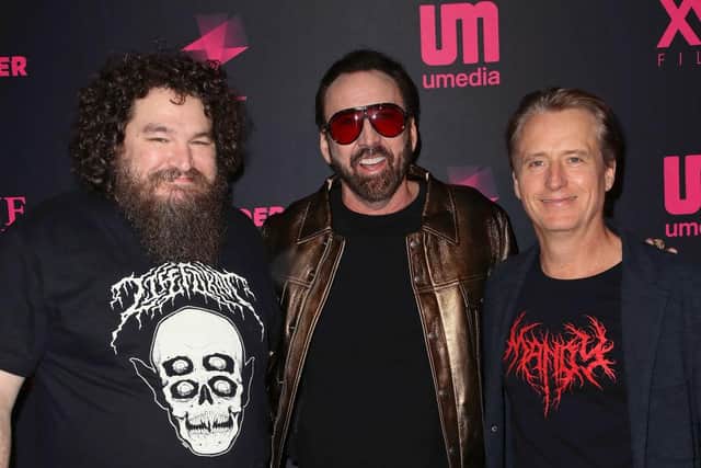 (L-R) Panos Cosmatos, Nicolas Cage and Linus Roache attend the Los Angeles special screening and Q&A of "Mandy" at Beyond Fest at the Egyptian Theatre on September 11, 2018 in Hollywood, California.  (Photo by David Livingston/Getty Images)