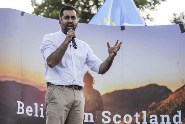 First Minister Humza Yousaf addresses crowds in Edinburgh on Saturday following a  pro-independence rally which he estimated 25,000 people attended.  PIC: Lisa Ferguson.