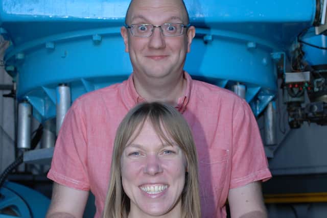 Catherine Heymans and Joe Zuntz pictured together in the dome of Edinburgh Royal Observatory PIC: Jason Cowan