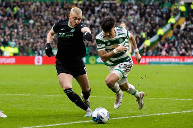 Hibs defender Lewis Miller challenges Celtic's Jota during the match in Glasgow.  (Photo by Alan Harvey / SNS Group)