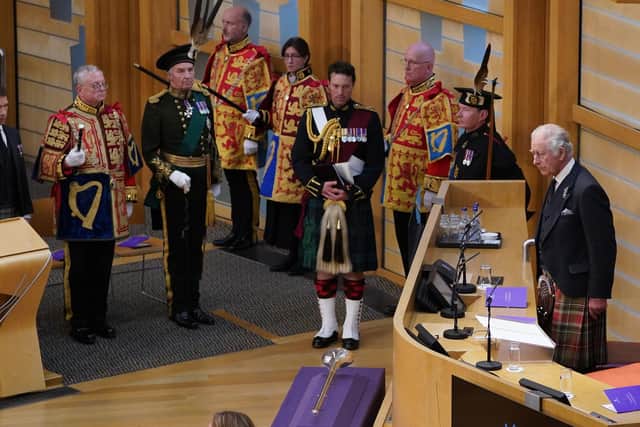 King Charles III and the Queen Consort during a visit to the Scottish Parliament in Holyrood, Edinburgh.