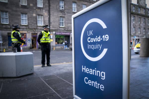Police officers outside the main entrance to the UK Covid-19 Inquiry hearing at the Edinburgh International Conference Centre (EICC). Picture: Jane Barlow/PA Wire