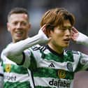 Celtic's Kyogo Furuhashi celebrates his opener in the 3-0 win over Hearts. (Photo by Rob Casey / SNS Group)