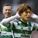 Celtic's Kyogo Furuhashi celebrates his opener in the 3-0 win over Hearts. (Photo by Rob Casey / SNS Group)