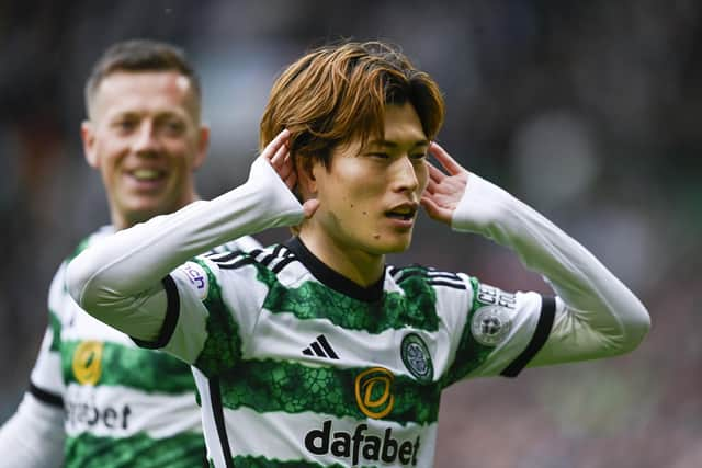 Celtic's Kyogo Furuhashi celebrates his opener in the 3-0 win over Hearts. (Photo by Rob Casey / SNS Group)