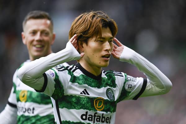 Celtic's Kyogo Furuhashi celebrates his opener in the 3-0 win over Hearts. (Photo by Rob Casey / SNS Group)