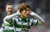 Celtic's Kyogo Furuhashi celebrates his opener in the 3-0 win over Hearts. (Photo by Rob Casey / SNS Group)