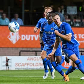 Glenn Middleton curls the ball home to make it 1-0 to Dundee United against AZ Alkmaar.