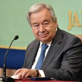 UN Secretary General Antonio Guterres speaks during a press conference at the Japan National Press Club in Tokyo. Mr Guterres was in Japan to attend a commemorative event marking the 77th anniversary of the Hiroshima bombing.