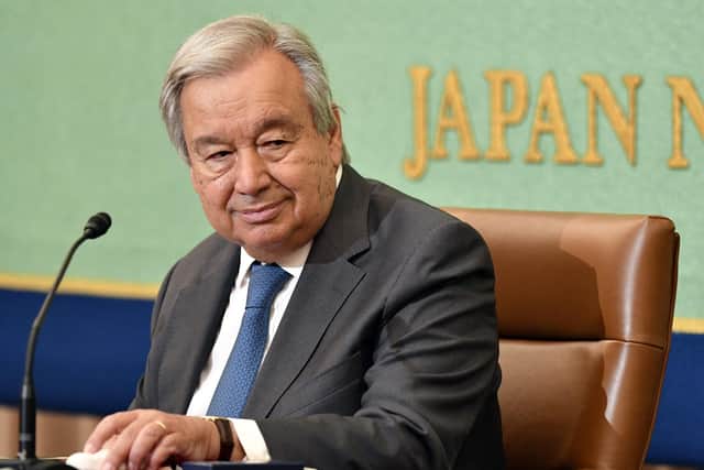 UN Secretary General Antonio Guterres speaks during a press conference at the Japan National Press Club in Tokyo. Mr Guterres was in Japan to attend a commemorative event marking the 77th anniversary of the Hiroshima bombing.