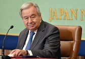 UN Secretary General Antonio Guterres speaks during a press conference at the Japan National Press Club in Tokyo. Mr Guterres was in Japan to attend a commemorative event marking the 77th anniversary of the Hiroshima bombing.