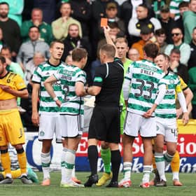 Joe Hart is shown a red card by referee John Beaton during Livingston v Celtic in September last year.