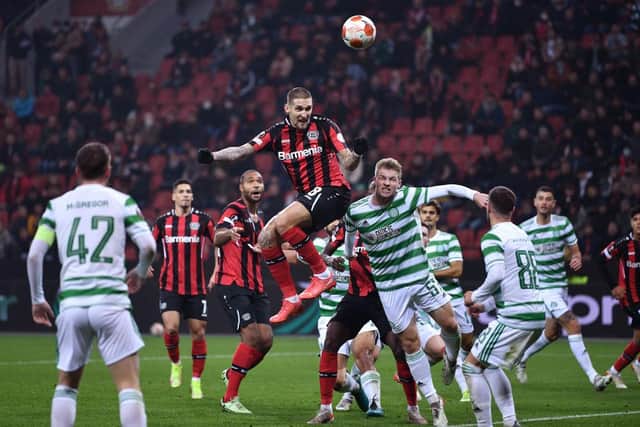 Robert Andrich of Bayer 04 Leverkusen scores his side's first goal during the UEFA Europa League group G match. (Photo by Lukas Schulze/Getty Images)