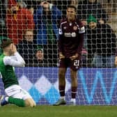 Hearts' Toby Sibbick celebrates after he blocks Hibs' Josh Campbell's shot n the line at the end of the goalless draw at Easter Road. (Photo by Ross Parker / SNS Group)