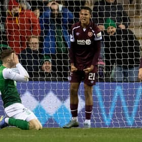 Hearts' Toby Sibbick celebrates after he blocks Hibs' Josh Campbell's shot n the line at the end of the goalless draw at Easter Road. (Photo by Ross Parker / SNS Group)