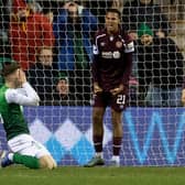 Hearts' Toby Sibbick celebrates after he blocks Hibs' Josh Campbell's shot n the line at the end of the goalless draw at Easter Road. (Photo by Ross Parker / SNS Group)