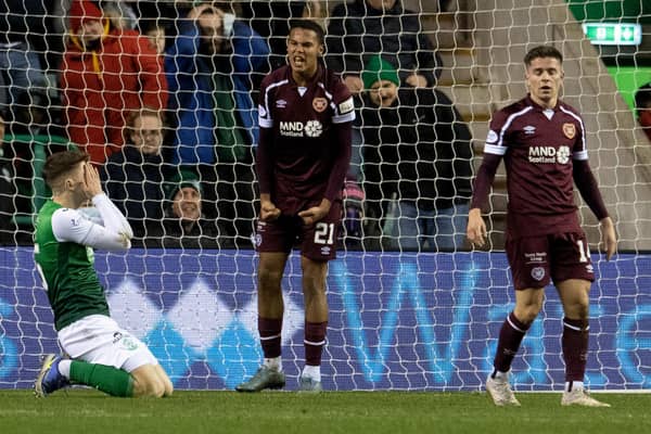 Hearts' Toby Sibbick celebrates after he blocks Hibs' Josh Campbell's shot n the line at the end of the goalless draw at Easter Road. (Photo by Ross Parker / SNS Group)