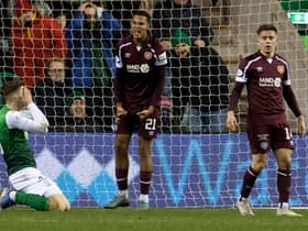 Hearts' Toby Sibbick celebrates after he blocks Hibs' Josh Campbell's shot n the line at the end of the goalless draw at Easter Road. (Photo by Ross Parker / SNS Group)