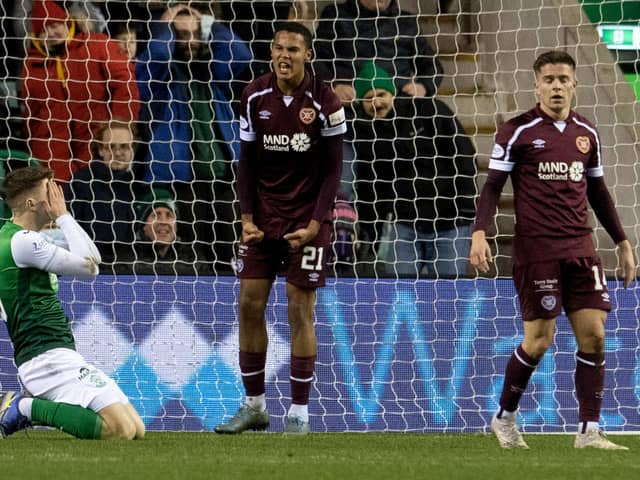 Hearts' Toby Sibbick celebrates after he blocks Hibs' Josh Campbell's shot n the line at the end of the goalless draw at Easter Road. (Photo by Ross Parker / SNS Group)
