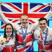 Great Britain's Kathleen Dawson, Adam Peaty, James Guy and Anna Hopkin with their gold medals for the Mixed 4 x 100m Medley Relay at the Tokyo Aquatics Centre. (Photo credit : Joe Giddens/PA Wire)