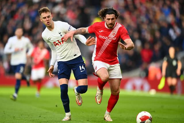 Morecambe's Cole Stockton is challenged by Joe Rodon of Tottenham during an FA Cup third round match in January. (Photo by Alex Davidson/Getty Images)