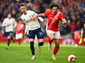 Morecambe's Cole Stockton is challenged by Joe Rodon of Tottenham during an FA Cup third round match in January. (Photo by Alex Davidson/Getty Images)