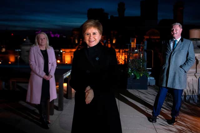 Nicola Sturgeon, flanked by Scottish National Investment Bank chief executive Eilidh Mactaggart and chair Willie Watt, take part in its official launch in Edinburgh this month (Picture: Andy Buchanan/pool/AFP via Getty Images)