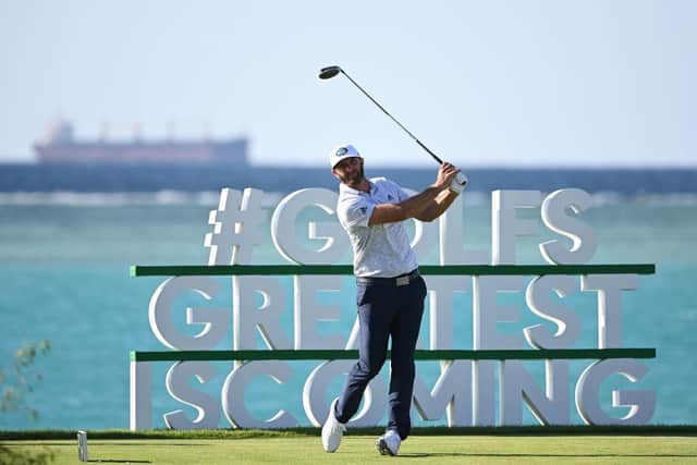 Dustin Johnson on the 17th tee during the third round of the Saudi International powered by SoftBank Investment Advisers at Royal Greens Golf and Country Club in King Abdullah Economic City. Picture: Ross Kinnaird/Getty Images.