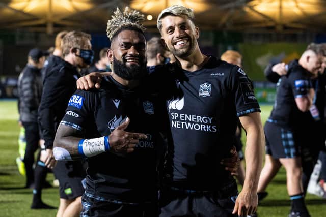 Glasgow Warriors' Niko Matawalu and Adam Hastings after the win over Leinster, the pair's final game for the club at Scotstoun. Picture: Craig Williamson/SNS