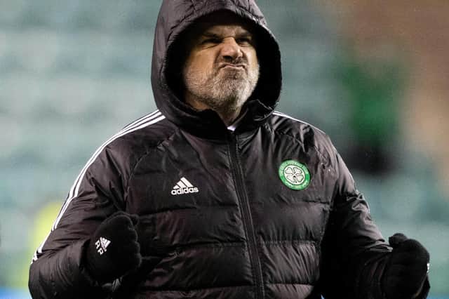Celtic manager Ange Postecoglou celebrates with the away fans at full time after the 4-0 win over Hibs. (Photo by Craig Williamson / SNS Group)