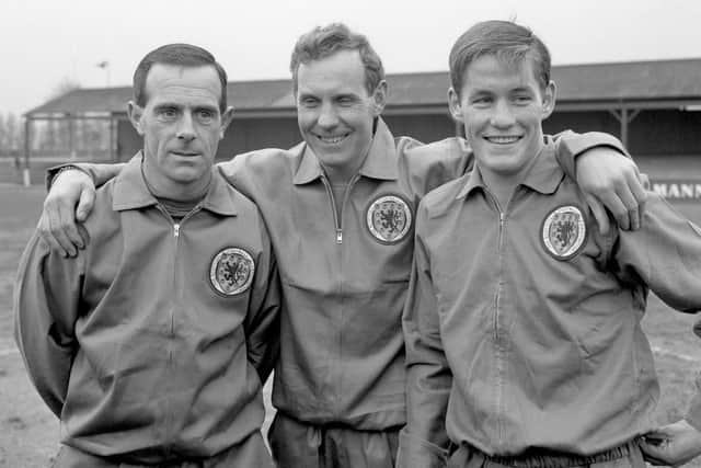 Jim McCalliog, right, with Scotland manager Bobby Brown, centre, with Ronnie Simpson, left, and ahead of the match against England at Wembley in 1967. Picture: PA Wire