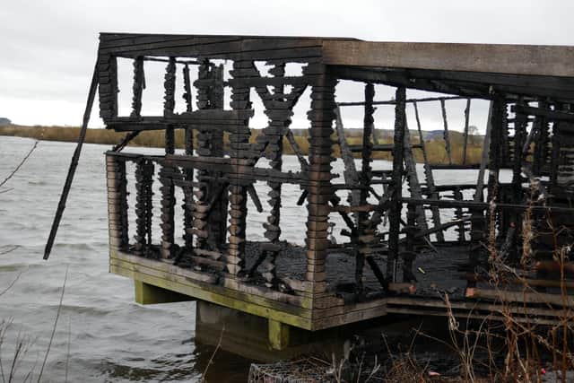 The charred remains of the Mill Hide on Loch Leven Nature Reserve after it was destroyed in a fire. (Picture credit: Neil Mitchell-NatureScot)