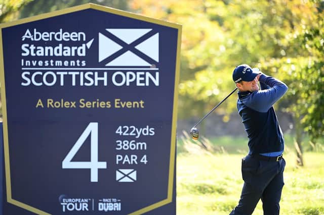 Marc Warren tees off on the fourth hole during the second round of the Aberdeen Standard Investments Scottish Open at The Renaissance Club. Picture: Ross Kinnaird/Getty Images