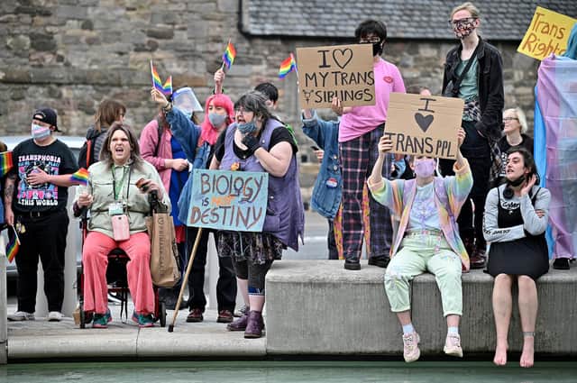 Trans rights activists protest in support of changes to the law in Scotland (Picture: Jeff J Mitchell/Getty Images)