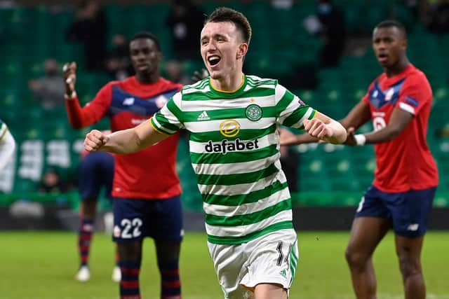 Celtic's David Turnbull celebrates making it 3-2 during the UEFA Europa League group stage win over Lille at Celtic Park (Photo by Rob Casey / SNS Group)