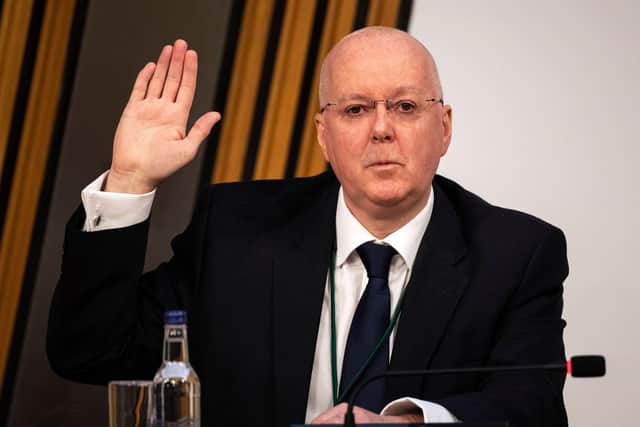 SNP chief executive Peter Murrell is sworn in before giving evidence to a Scottish Parliament committee at Holyrood in Edinburgh. Picture: Andy Buchanan/POOL/ AFP via Getty Images