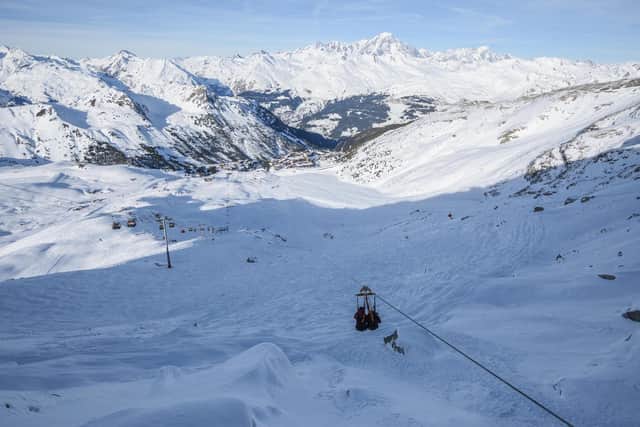 The zipline at Les Arcs, where adrenaline junkies can travel seated, horizontal or head first. Pic: Juliette Rebourr/PA.