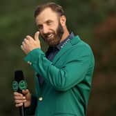 Dustin Johnson shows his emotions as he is interviewed during the Green Jacket Ceremony after winning the Masters at Augusta National. Picture: Patrick Smith/Getty Images