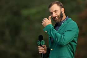 Dustin Johnson shows his emotions as he is interviewed during the Green Jacket Ceremony after winning the Masters at Augusta National. Picture: Patrick Smith/Getty Images