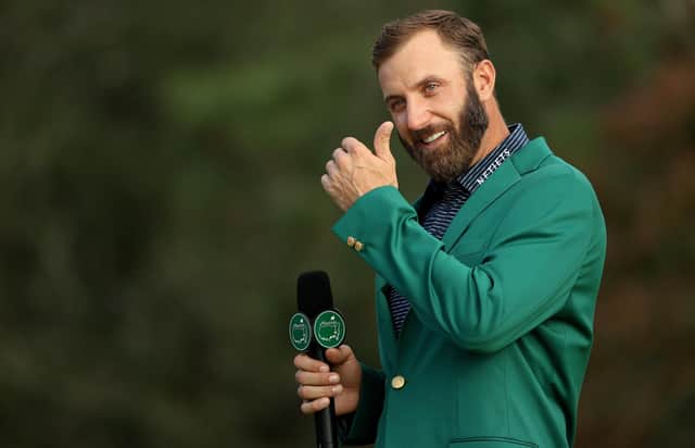 Dustin Johnson shows his emotions as he is interviewed during the Green Jacket Ceremony after winning the Masters at Augusta National. Picture: Patrick Smith/Getty Images