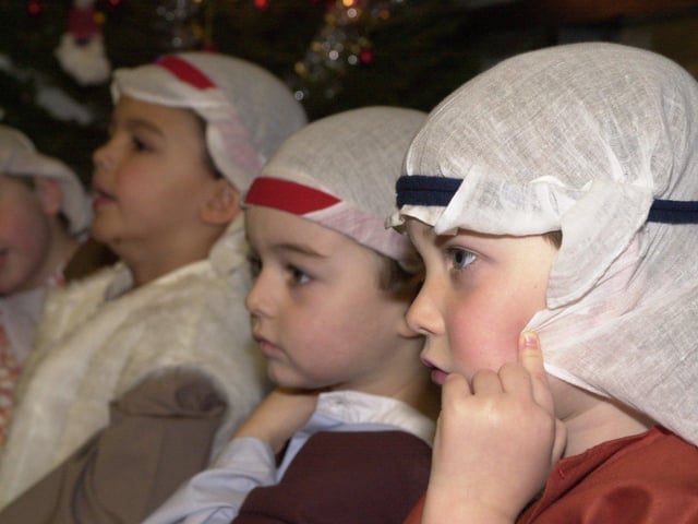 Here the children of the Thistle class at Mary Erskines and Stewart’s Melville Junior School are getting ready for their nativity performance. Picture: 8 December 2000.